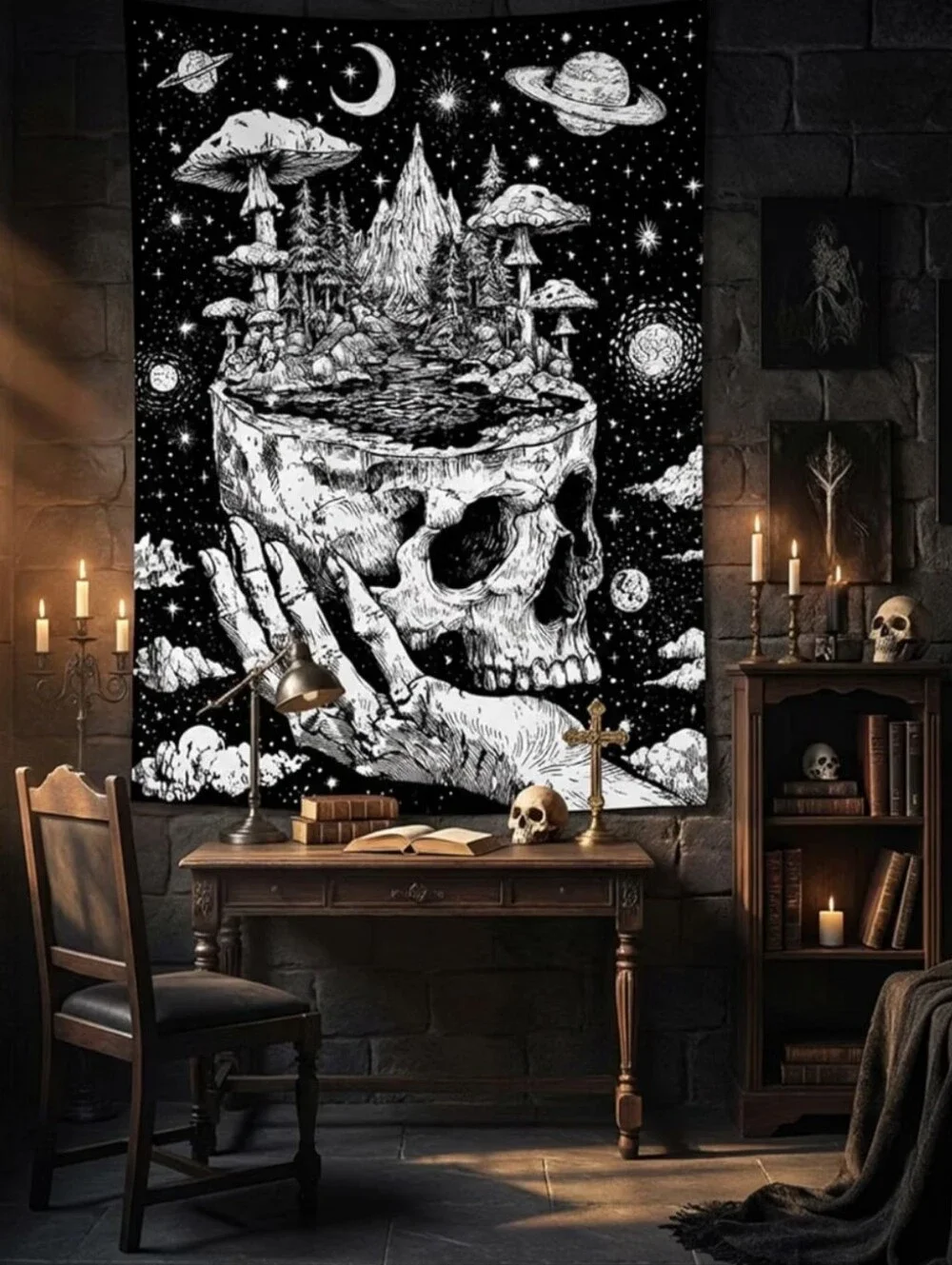 Hand Holding Skull Black White Mushroom Moon Dark Fantasy Goth Big Wall Tapestry